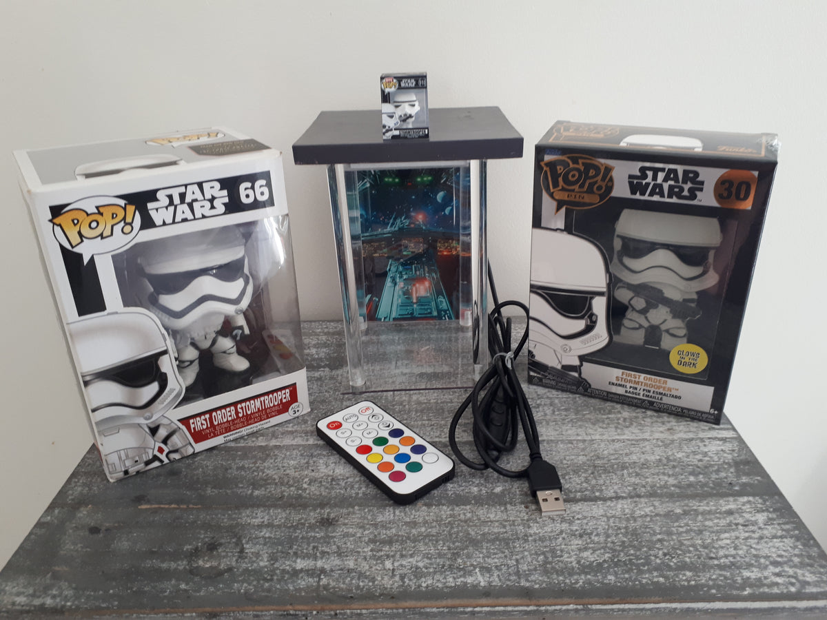 Lot Star Wars Stormtrooper : Funko Pop #66 + Pop Pin #30 Glow + Bitty Pop + Lightbox LED