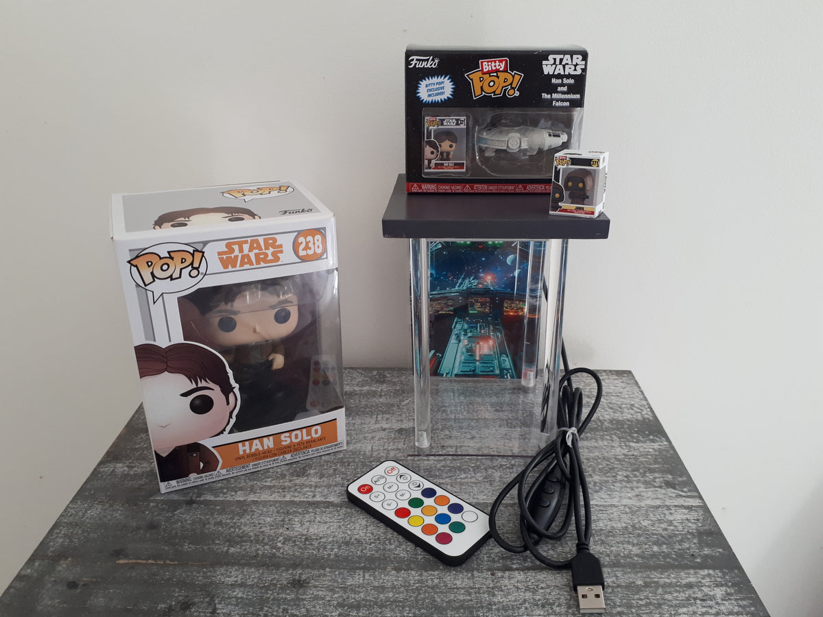 Lot Star Wars Han Solo : Funko Pop #238 + Bitty Pop Faucon Millenium + Lightbox LED