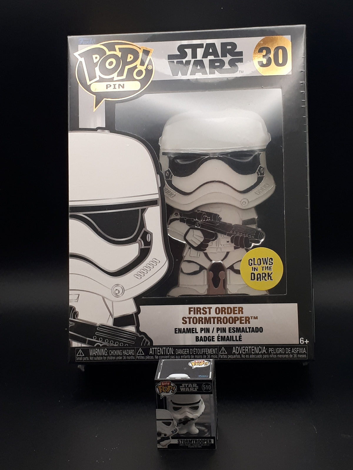 Lot Star Wars Stormtrooper : Funko Pop #66 + Pop Pin #30 Glow + Bitty Pop + Lightbox LED