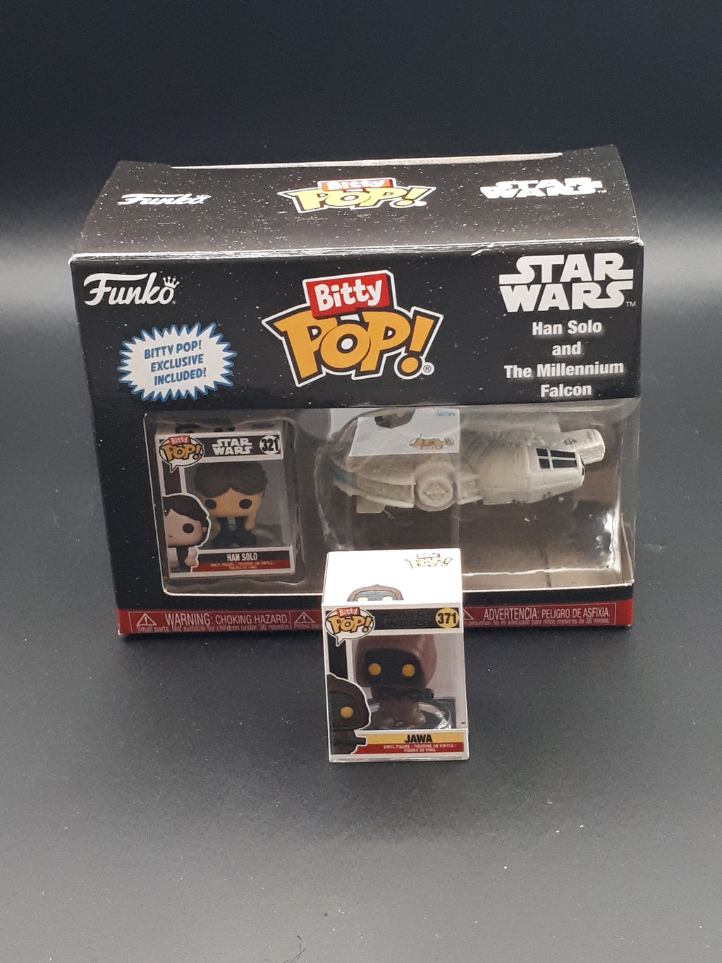 Lot Star Wars Han Solo : Funko Pop #238 + Bitty Pop Faucon Millenium + Lightbox LED