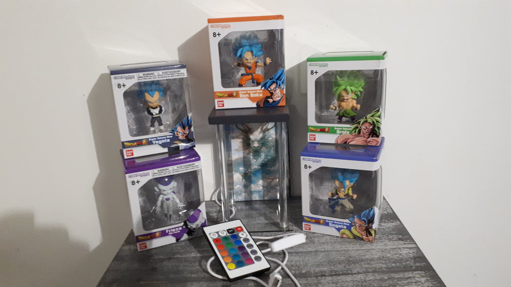 🐉 Lot Dragon Ball Super : 5 figurines Chibi Masters (Goku, Vegeta, Gogeta, Broly, Freezer) + Lightbox LED ShinyGeeck décor dragon