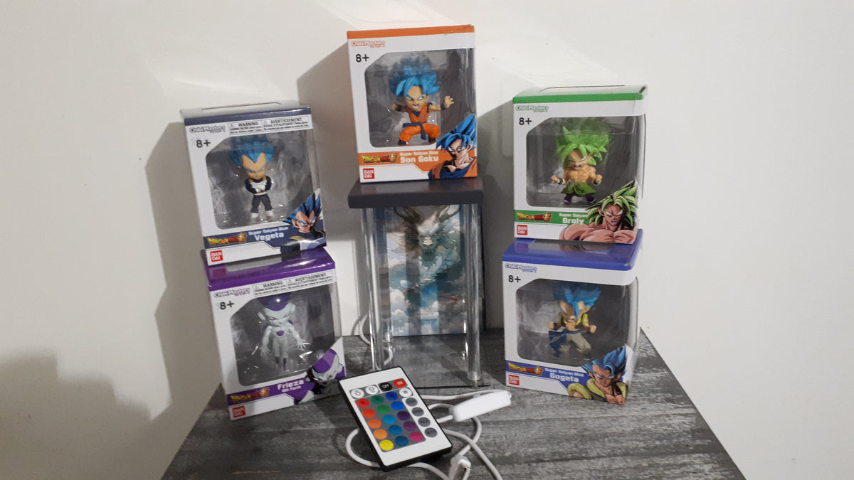 🐉 Lot Dragon Ball Super : 5 figurines Chibi Masters (Goku, Vegeta, Gogeta, Broly, Freezer) + Lightbox LED ShinyGeeck décor dragon