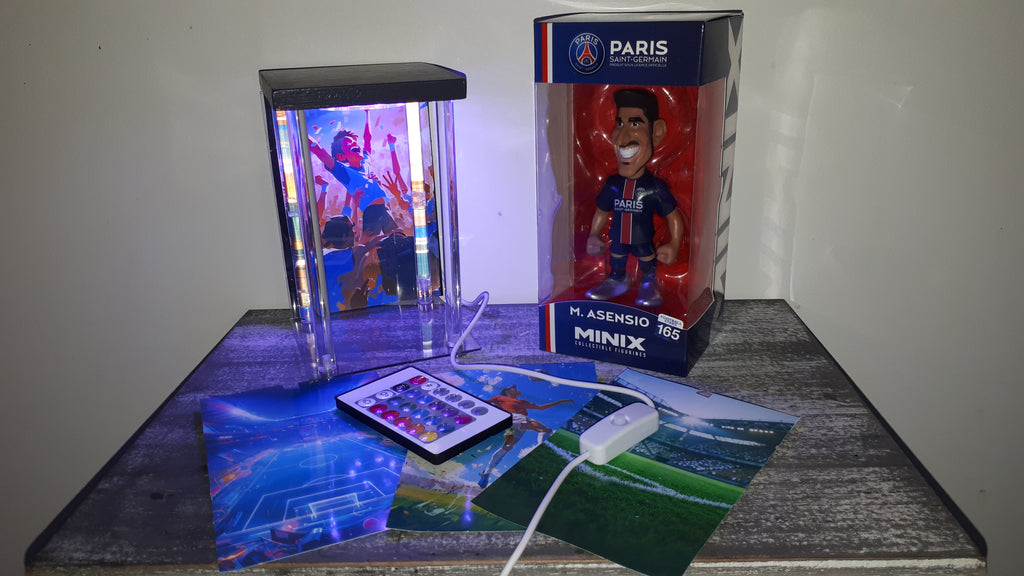 🔵🔴 Lot PSG Asensio : Figurine MINIX #165 + Lightbox LED