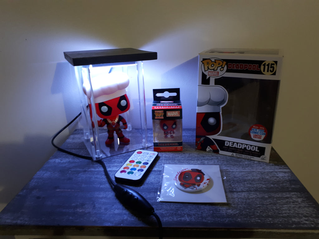 ❤️🖤 Lot Deadpool : Funko Pop #115 Chef (NYCC 2016) + Porte-clés Pocket Pop + Badge + Lightbox LED ShinyGeeck v2