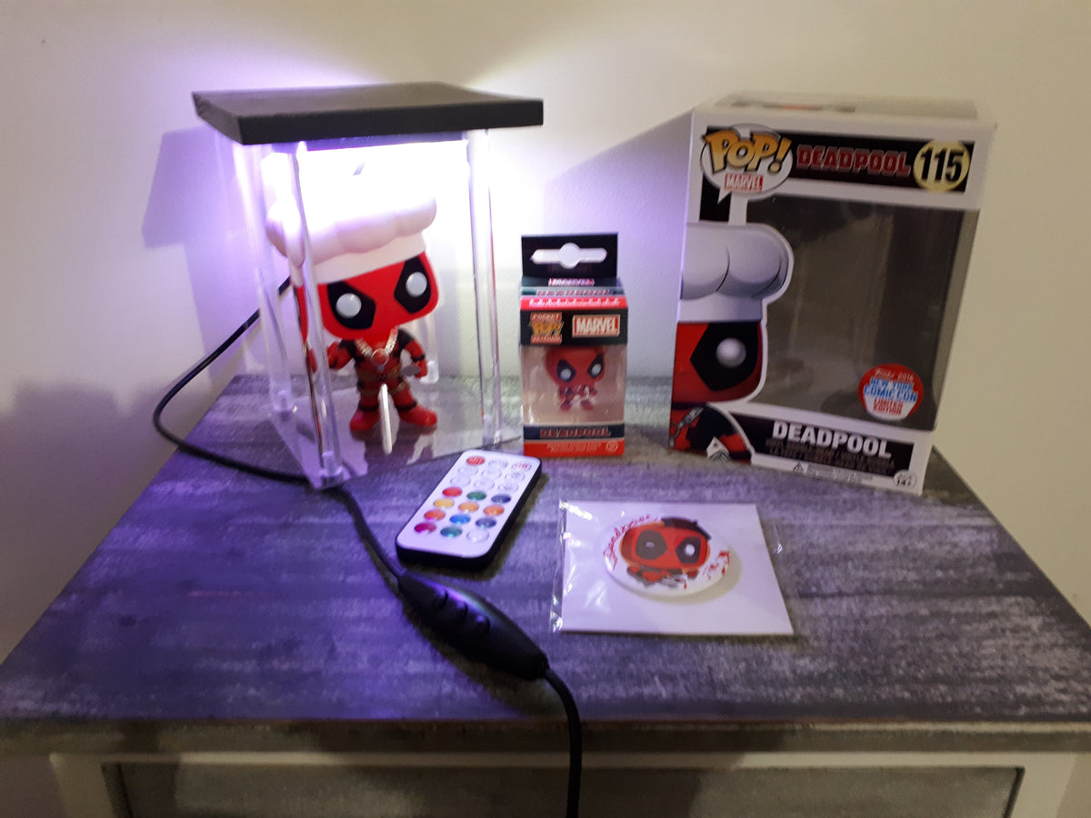 ❤️🖤 Lot Deadpool : Funko Pop #115 Chef (NYCC 2016) + Porte-clés Pocket Pop + Badge + Lightbox LED ShinyGeeck v2