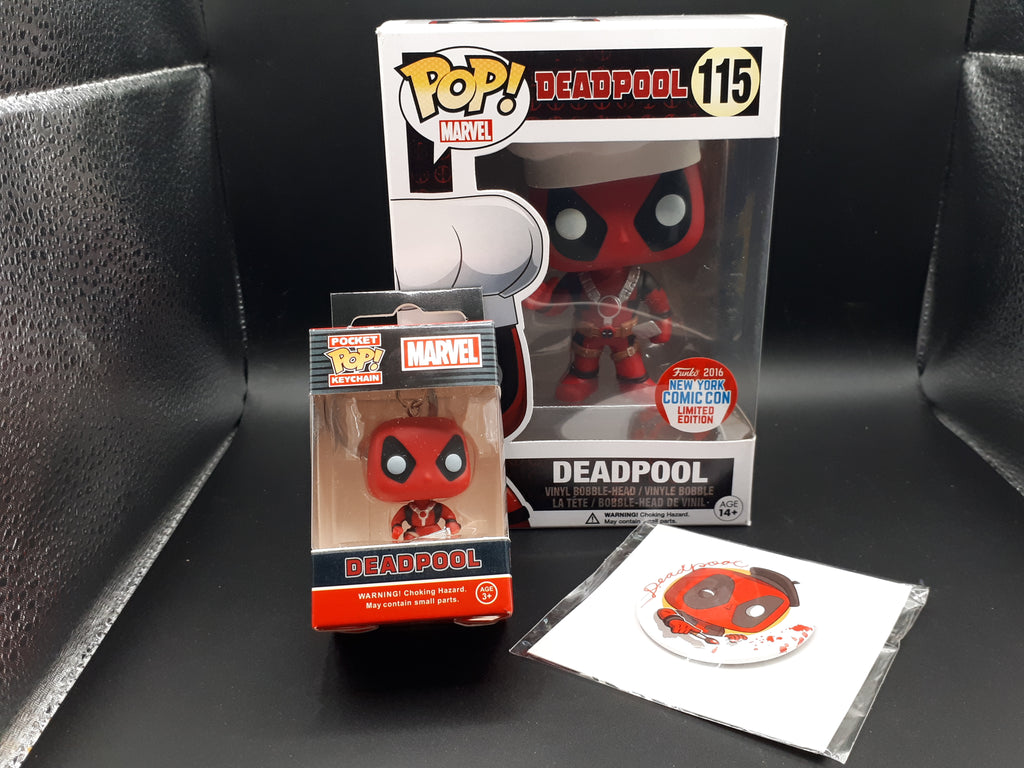 ❤️🖤 Lot Deadpool : Funko Pop #115 Chef (NYCC 2016) + Porte-clés Pocket Pop + Badge + Lightbox LED ShinyGeeck v2