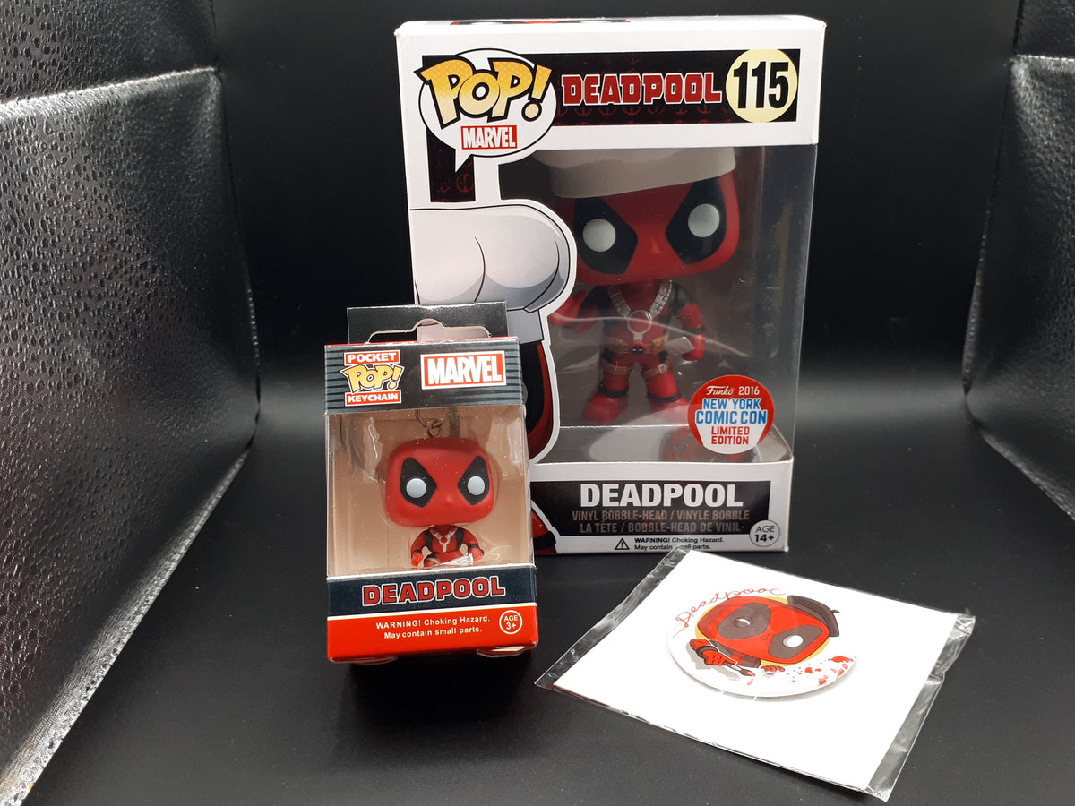 ❤️🖤 Lot Deadpool : Funko Pop #115 Chef (NYCC 2016) + Porte-clés Pocket Pop + Badge + Lightbox LED ShinyGeeck v2