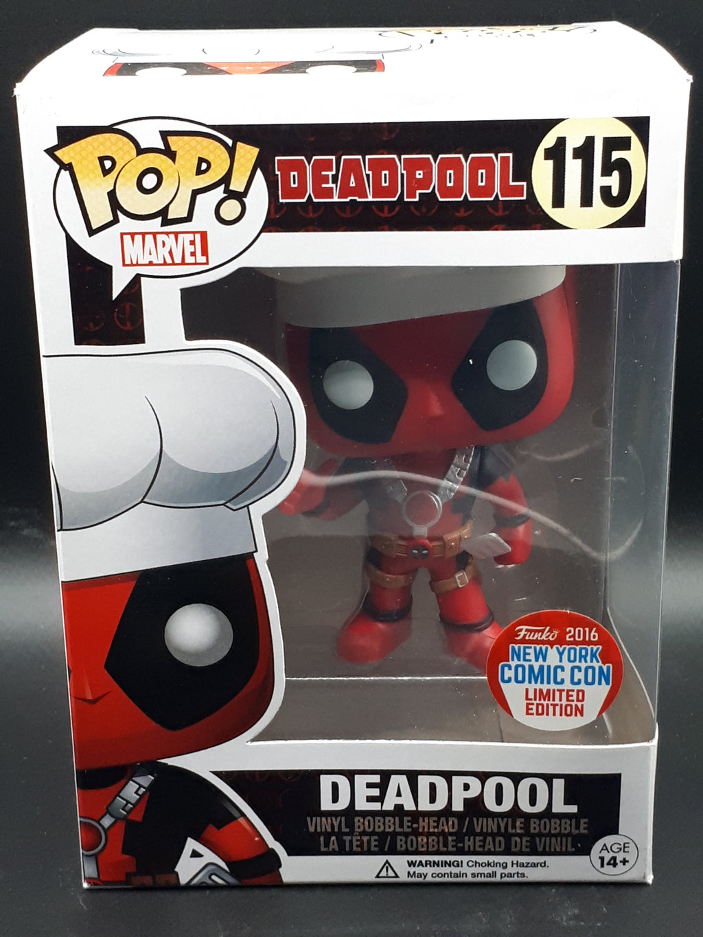 ❤️🖤 Lot Deadpool : Funko Pop #115 Chef (NYCC 2016) + Porte-clés Pocket Pop + Badge + Lightbox LED ShinyGeeck v2